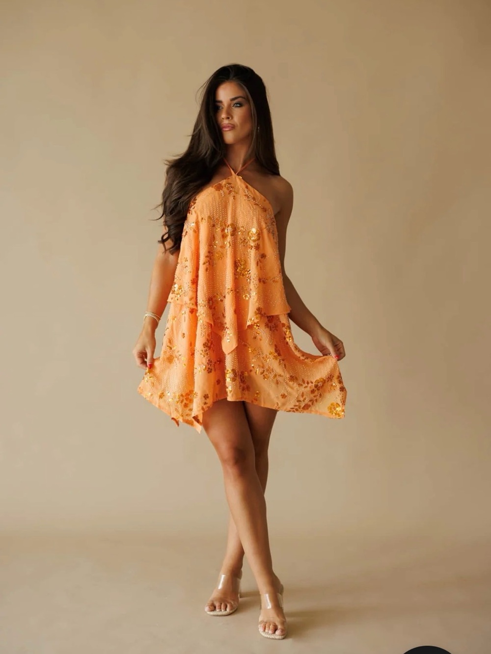 Orange Halter Floral Mini Dress with Tiered Layers